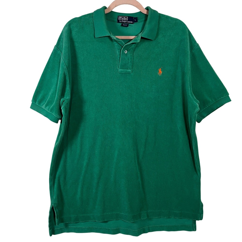 Polo Ralph Lauren Green Terry Cloth Polo Shirt Mens L Embroidered Logo Preppy